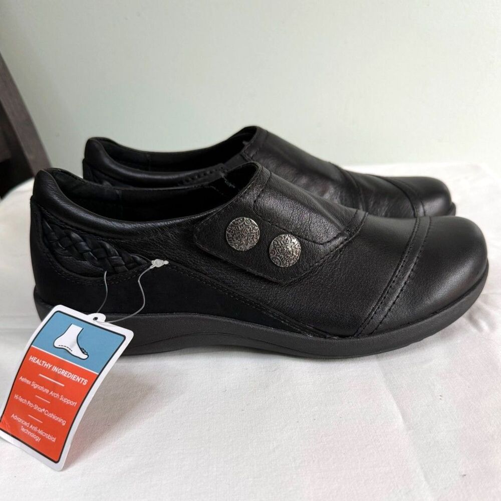 Aetrex Karina Slip On Shoes Womens 8.5 Black Leather Comfort Orthopedic